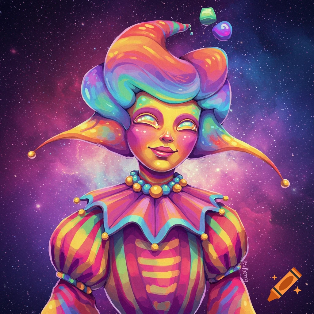 A colorful person in a jester outfit against a galaxy background