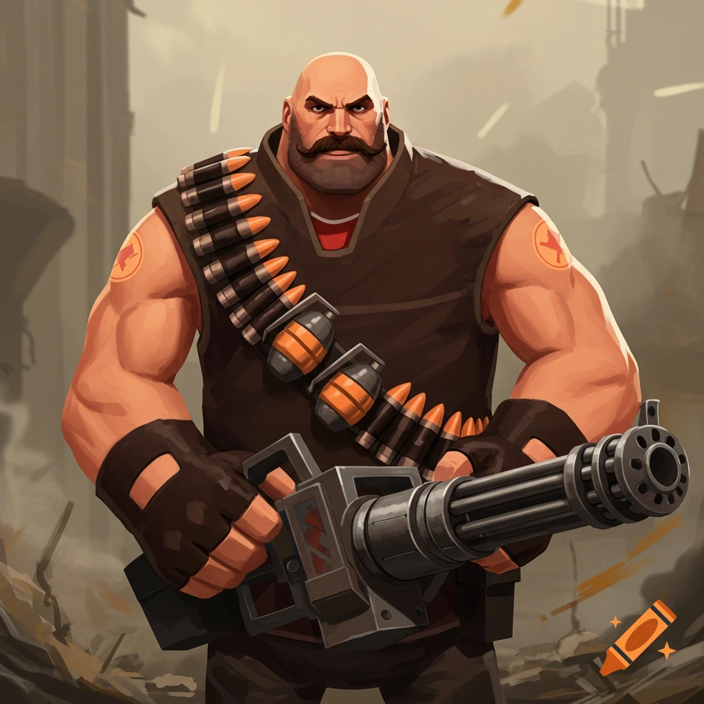 Team Fortress 2 Heavy holding a minigun in a battle setting.