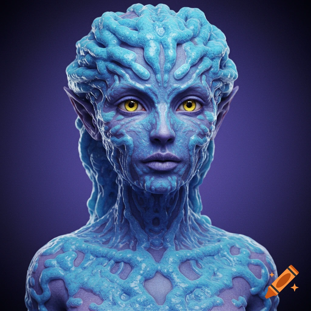 Realistic bust of a blue fantasy creature with textured skin, yellow eyes, and pointed ears.