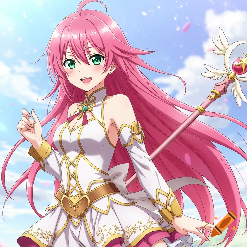 Anime woman with pink hair, green eyes, white dress, and magic staff against a sky background.