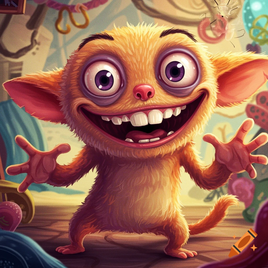 Cartoon of a goofy orange creature with big eyes and a wide smile in a colorful fantasy setting.
