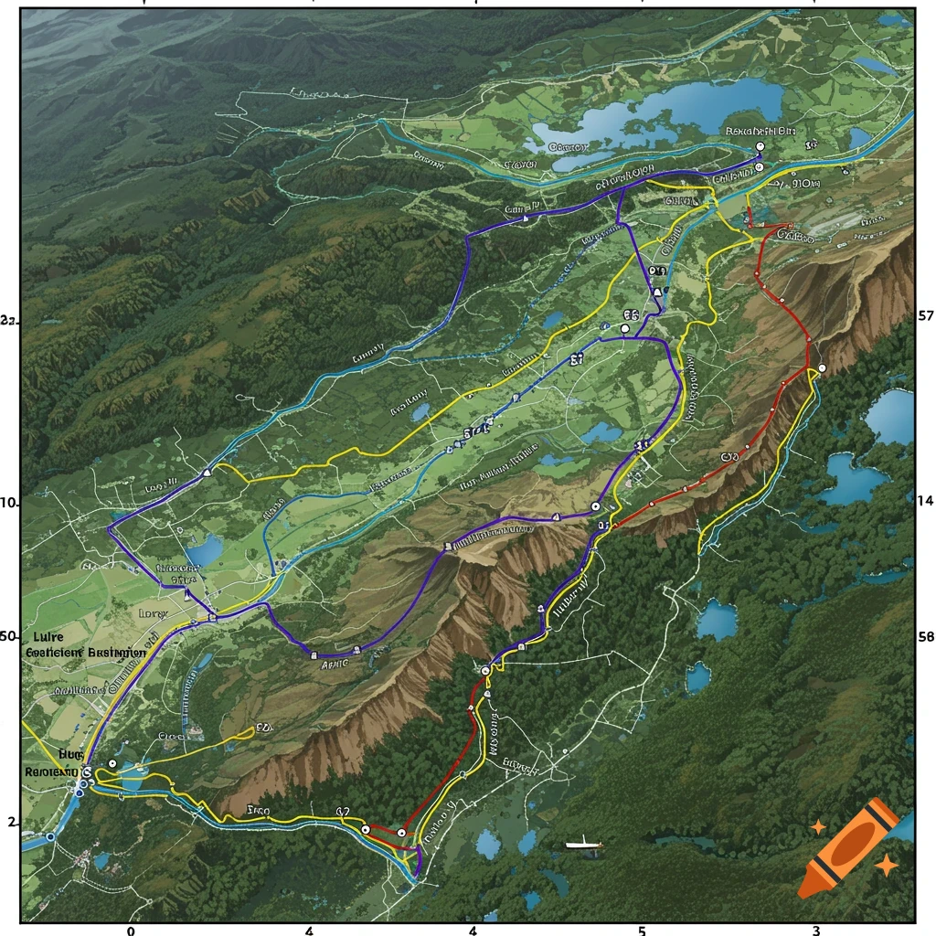 Detailed landscape map with mountains, rivers, lakes, and colored paths.