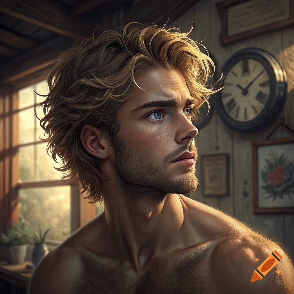 Realistic portrait of a man with blonde hair looking away in a rustic room.