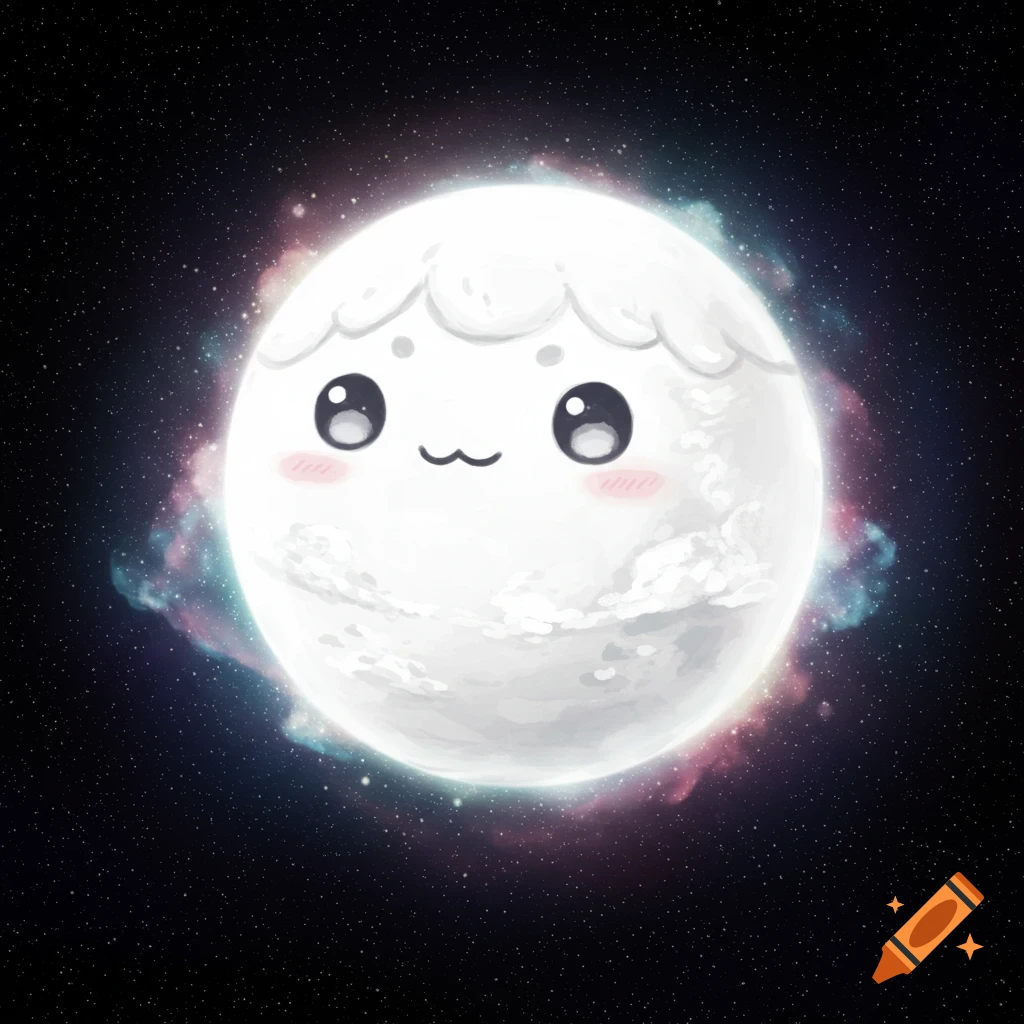 Cute white planet with a face in space surrounded by a colorful nebula.