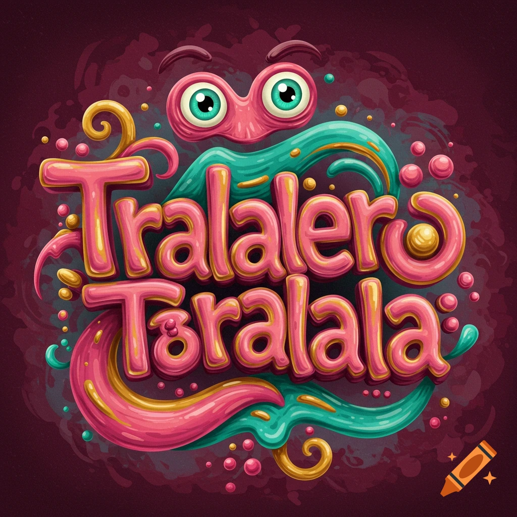 Colorful, stylized 3D bubble text reads "Tralalero Toralala" with cartoon eyes and abstract squiggles.