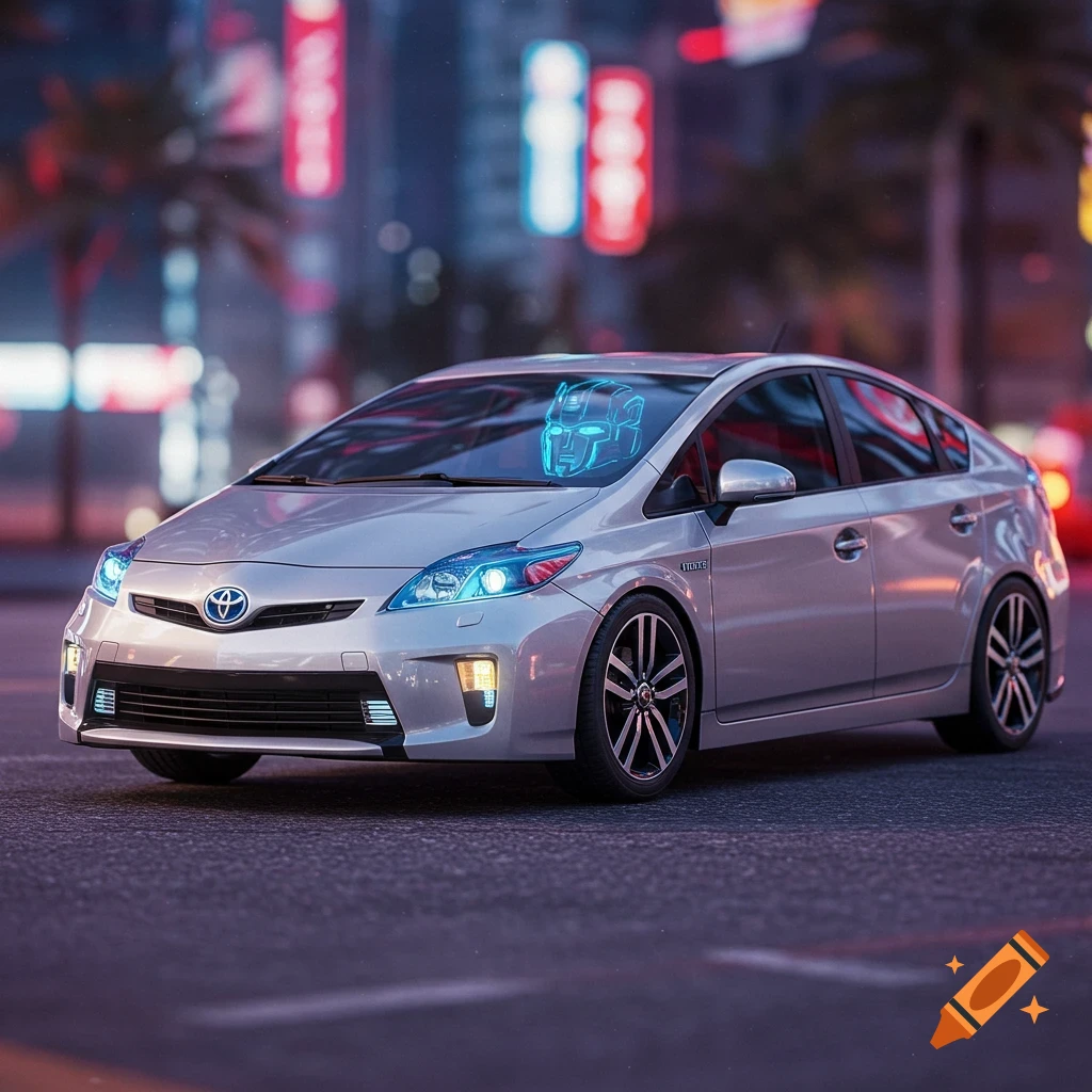 Silver Toyota Prius with a glowing Rodimus Prime graphic on the windshield, parked on a city street at night.