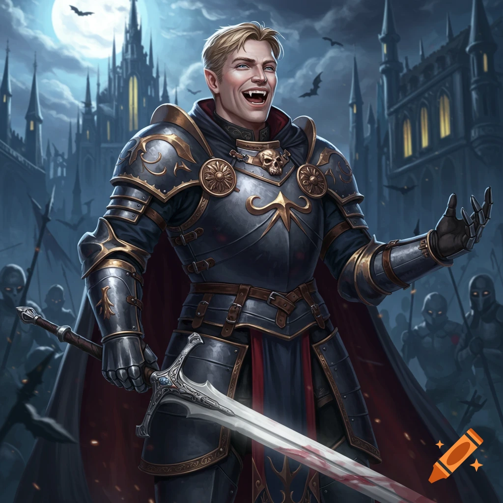 A blonde vampire knight in armor holds a bloody sword before a dark castle and army.