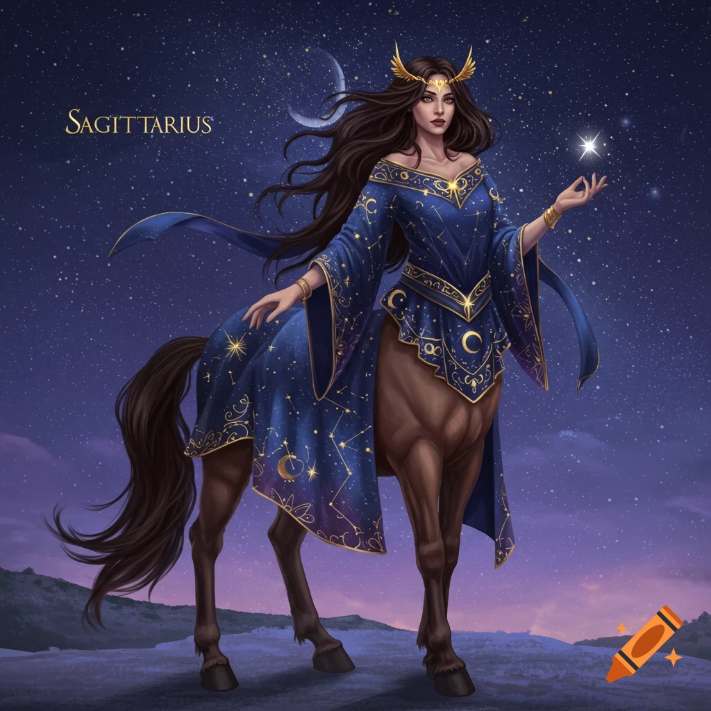 Female centaur in a blue starry dress holding a star under a night sky.