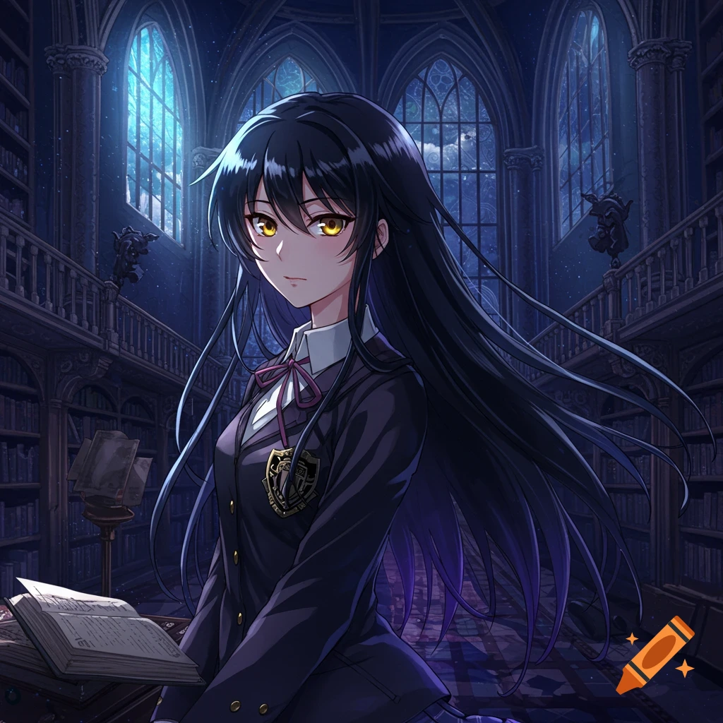 Anime girl with black hair and gold eyes in a dark fantasy library.