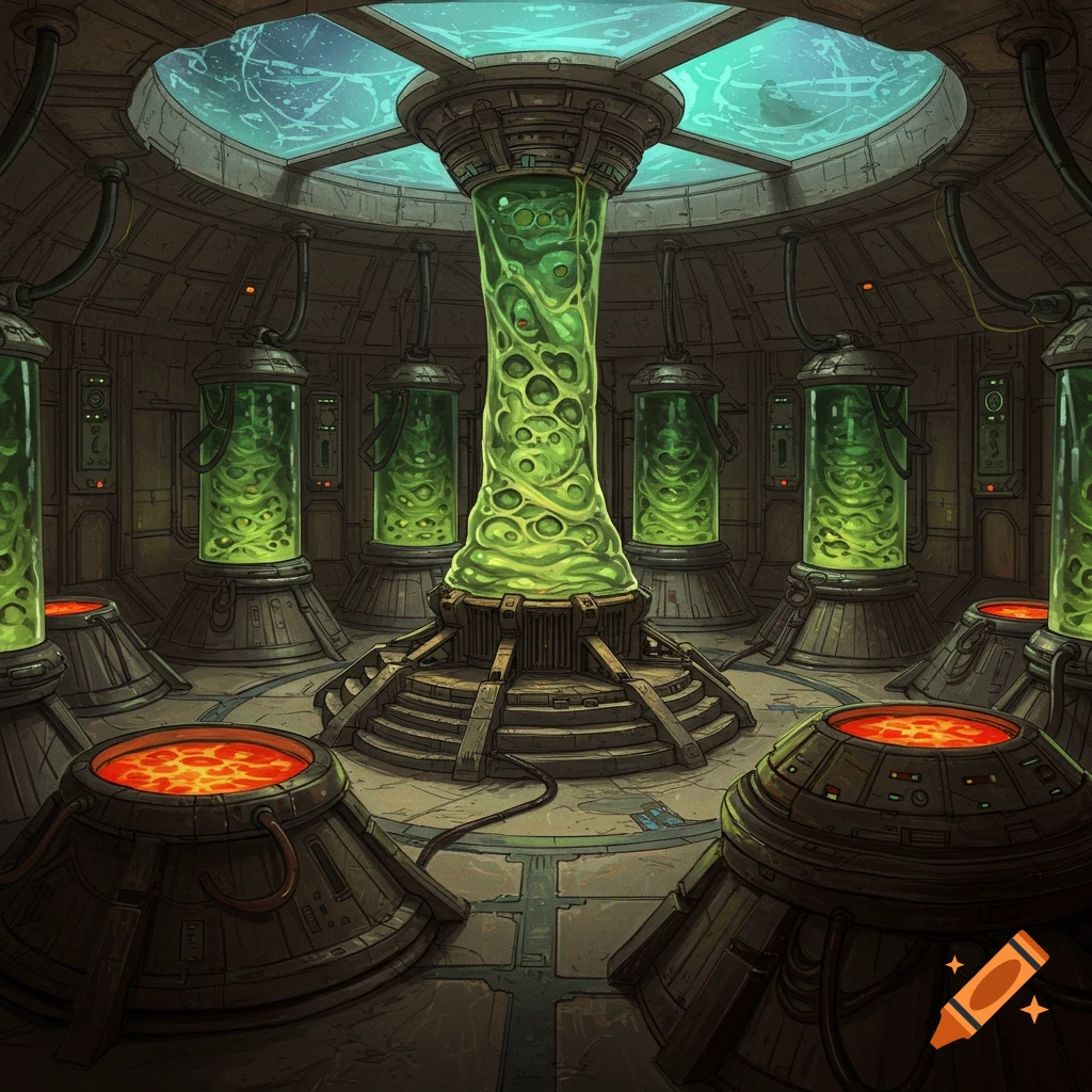A sci-fi chamber with a large slimy pillar and glowing vats.