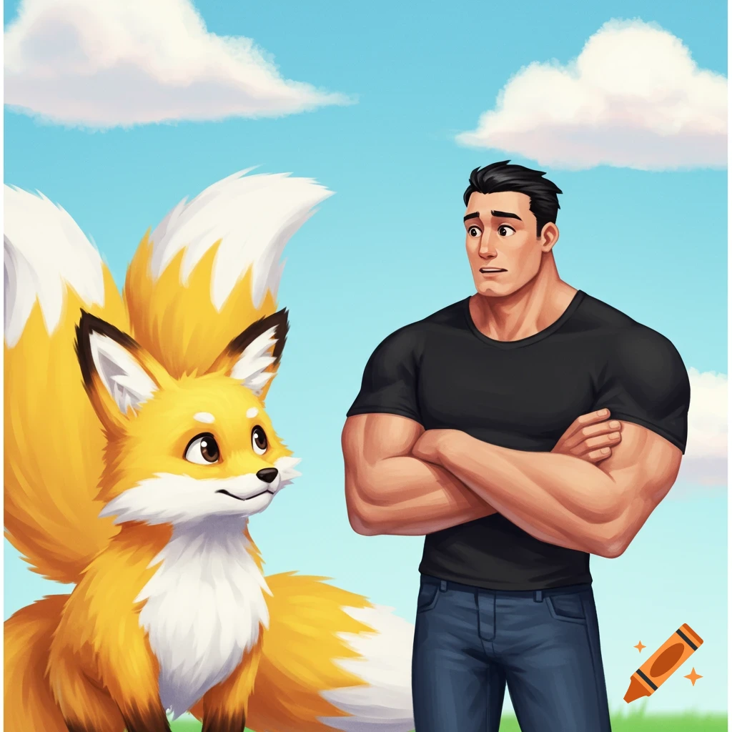 A cute multi-tailed fox looking up at a man with crossed arms.