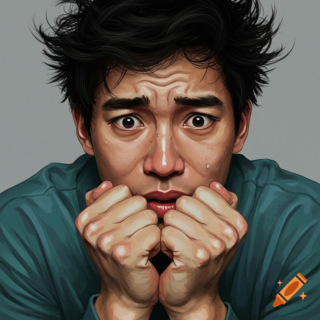 A man with a scared, anxious expression biting his nails