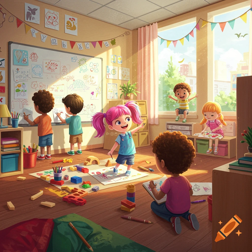 Children drawing and playing in a bright, cheerful classroom with sunlight streaming through windows.