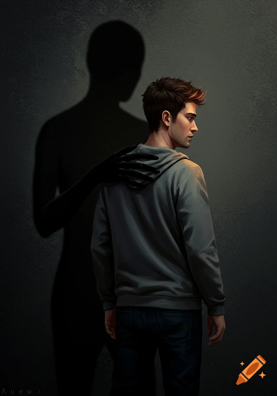 A man looks at a shadow figure with a hand on his shoulder.