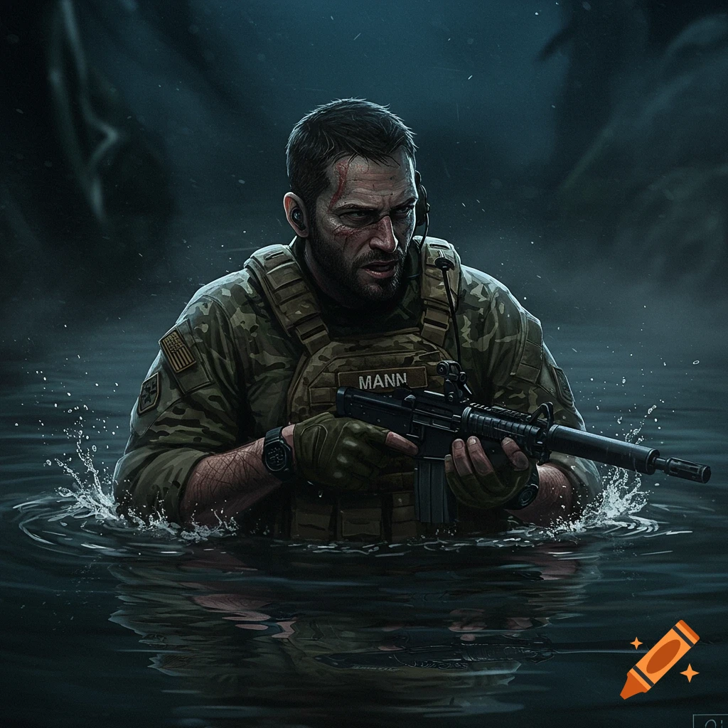A soldier emerges from water with a rifle.
