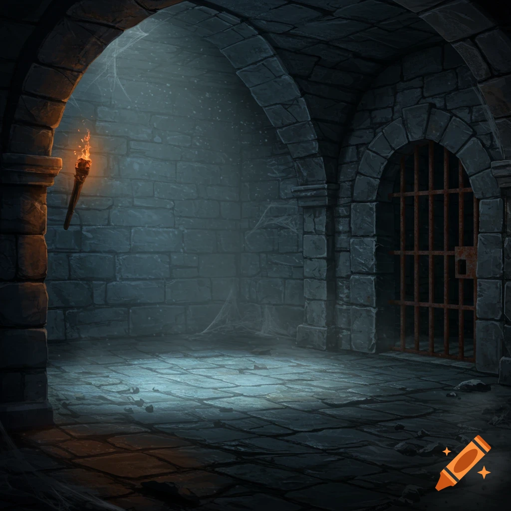 A dark stone dungeon basement with a torch and a barred gate.