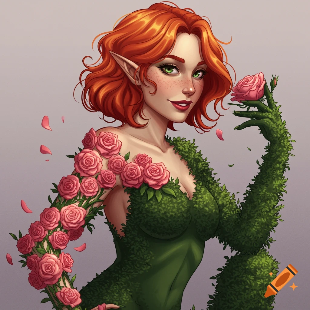 A fantasy woman with red hair and pointed ears, wearing a leafy and rose-covered outfit, holding a pink rose.