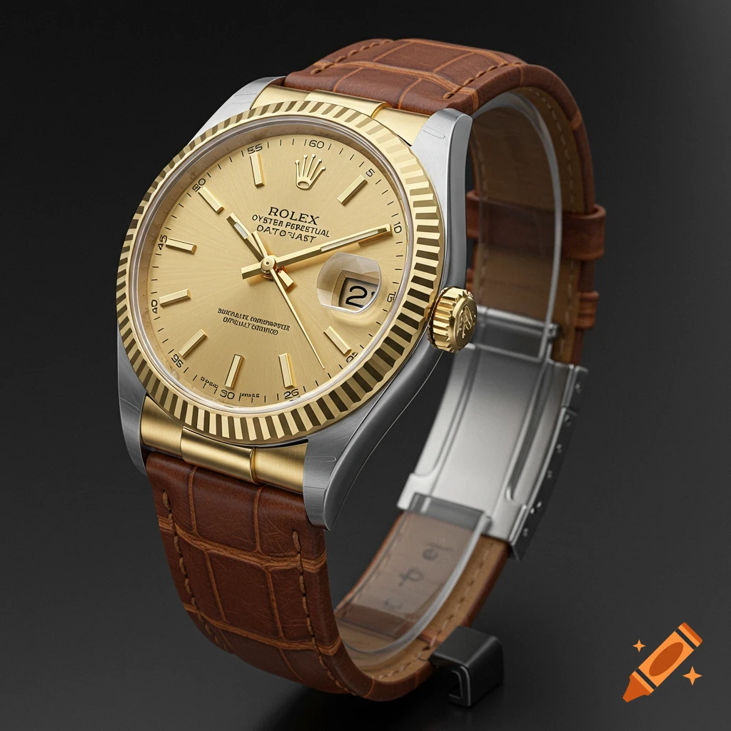 A close-up of a gold and silver Rolex Datejust watch with a brown leather strap.
