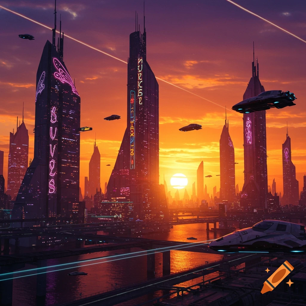 Futuristic city skyline at sunset with flying cars and neon lights on ...