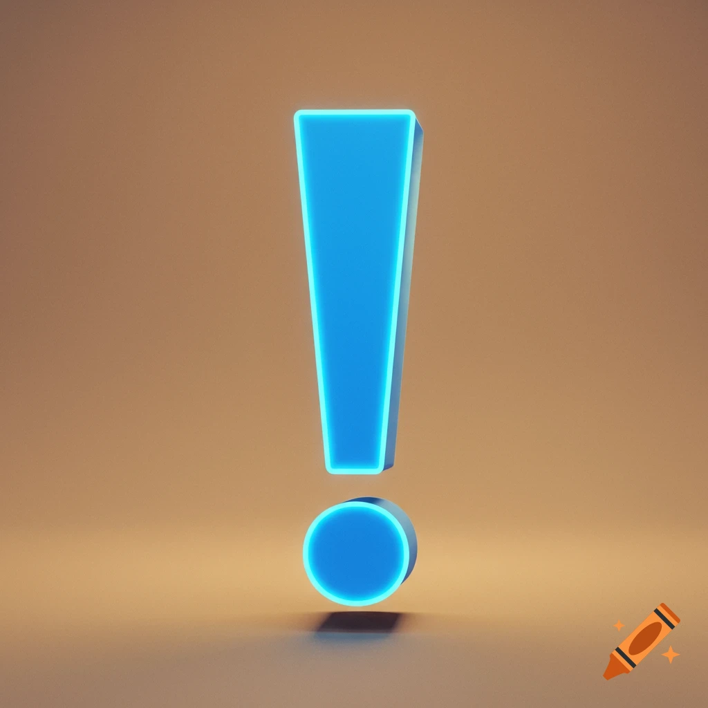 A bright blue 3D exclamation mark glows on a light brown background.