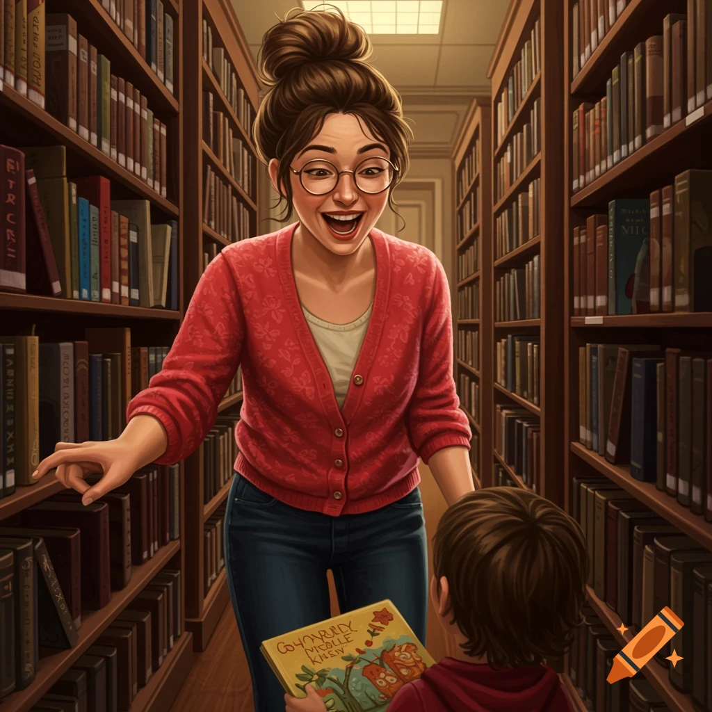 A gleeful librarian in a red cardigan and glasses points to books on shelves while a child holds a book in a library.