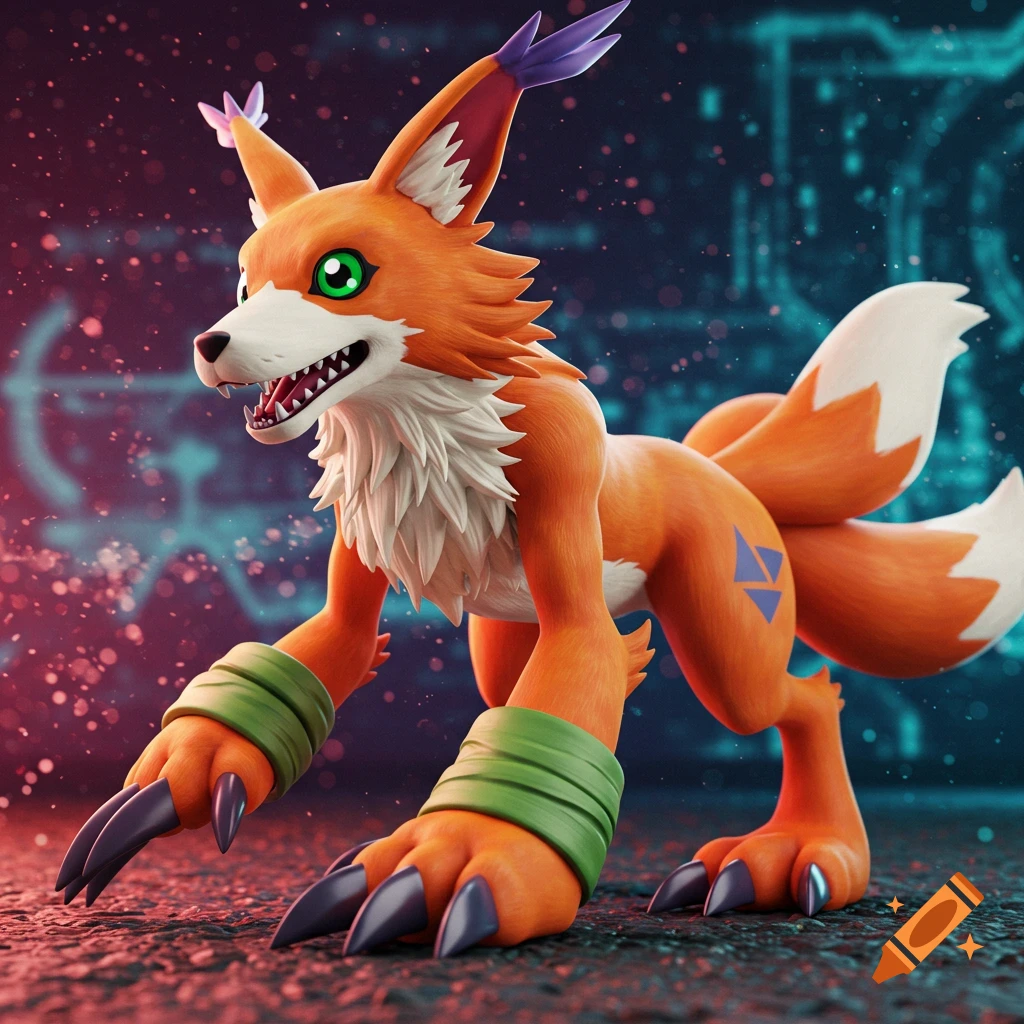 Cartoon orange and white Digimon fox creature with green eyes and multiple tails