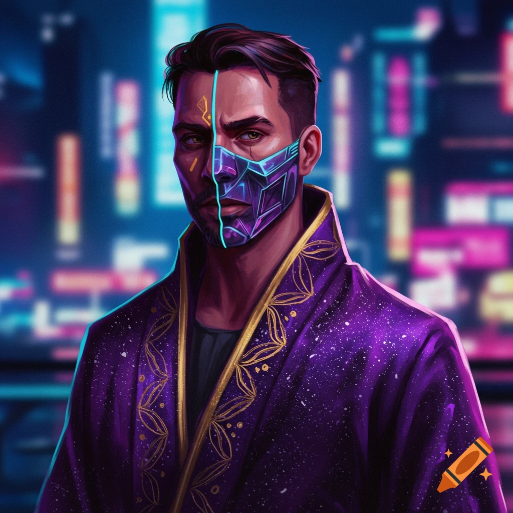 A man wearing a futuristic half mask and a purple robe with a city background.