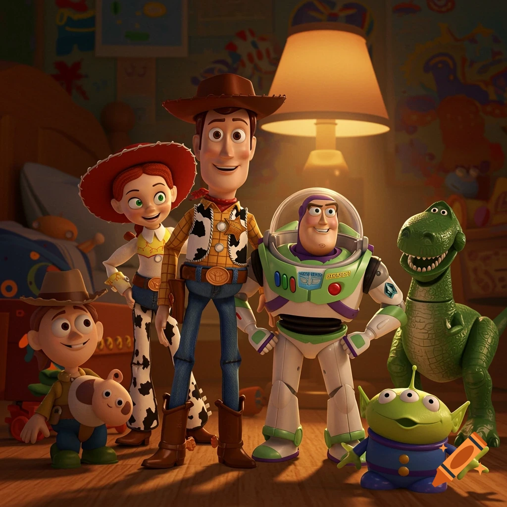 Toy Story characters including Woody, Buzz, Jessie, and Rex in a child's bedroom, digital art.