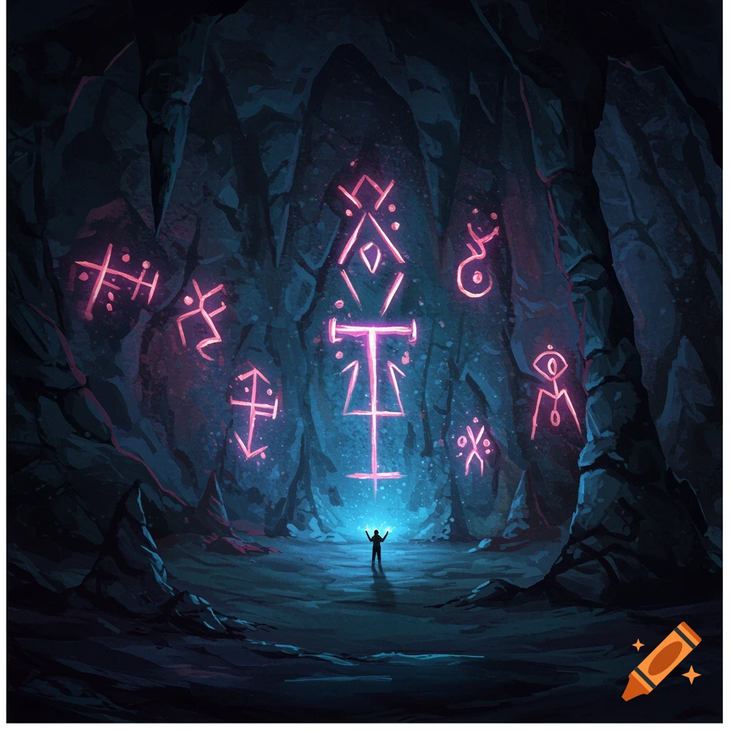 A small figure stands in a dark cave, the walls illuminated by glowing pink symbols.