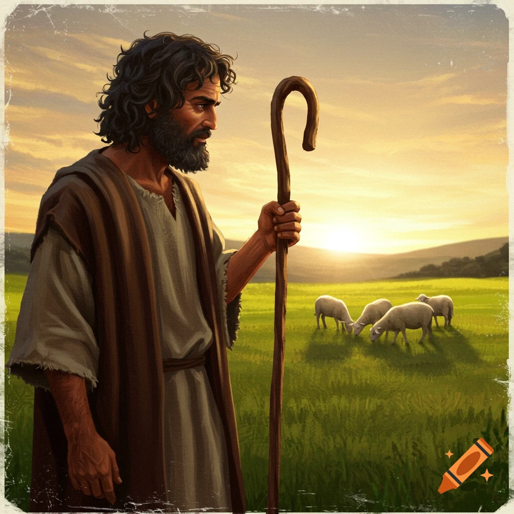 A bearded shepherd holding a staff, looking at sheep grazing in a field at sunset.