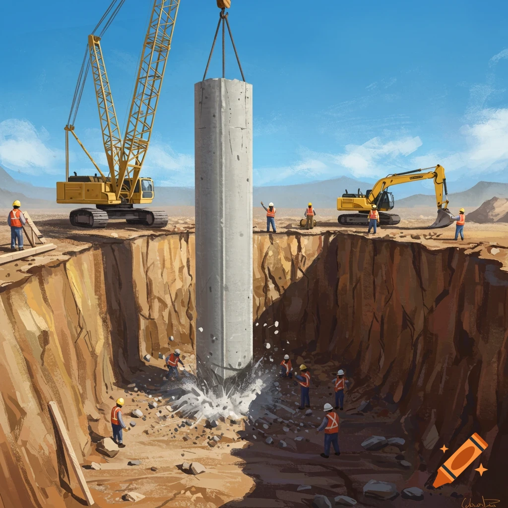 A construction site with a crane lowering a concrete pile into a deep trench.