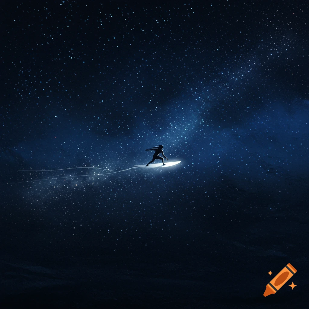 Silhouette surfing on a glowing board in a starry night sky.