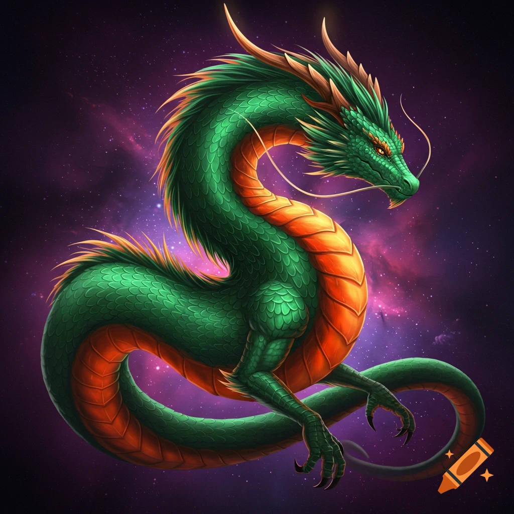 A green dragon with an orange belly floats in a purple and pink galaxy.