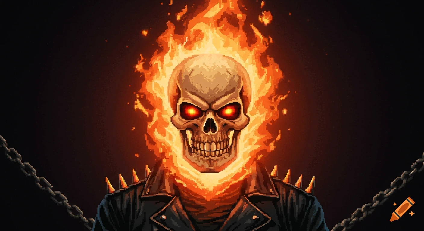 Pixel art close-up of a flaming skull wearing a leather jacket and chains.