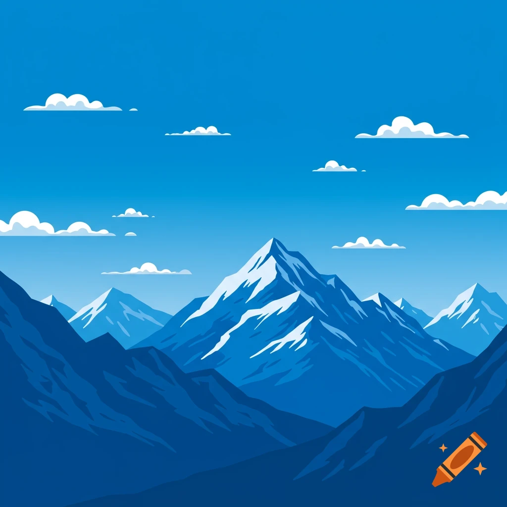Vector graphic illustration of blue mountains under a sky with clouds.