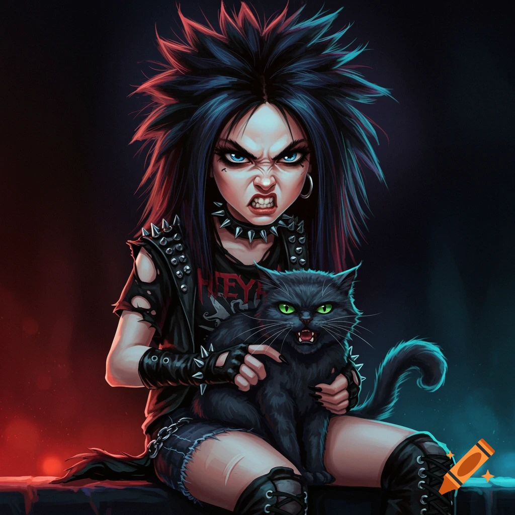 Stylized image of an angry metal girl with spiky hair holding an angry black cat.