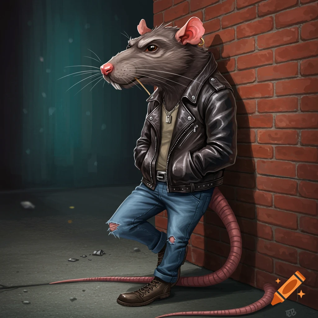 A streetwise rat in a leather jacket leans against a brick wall.