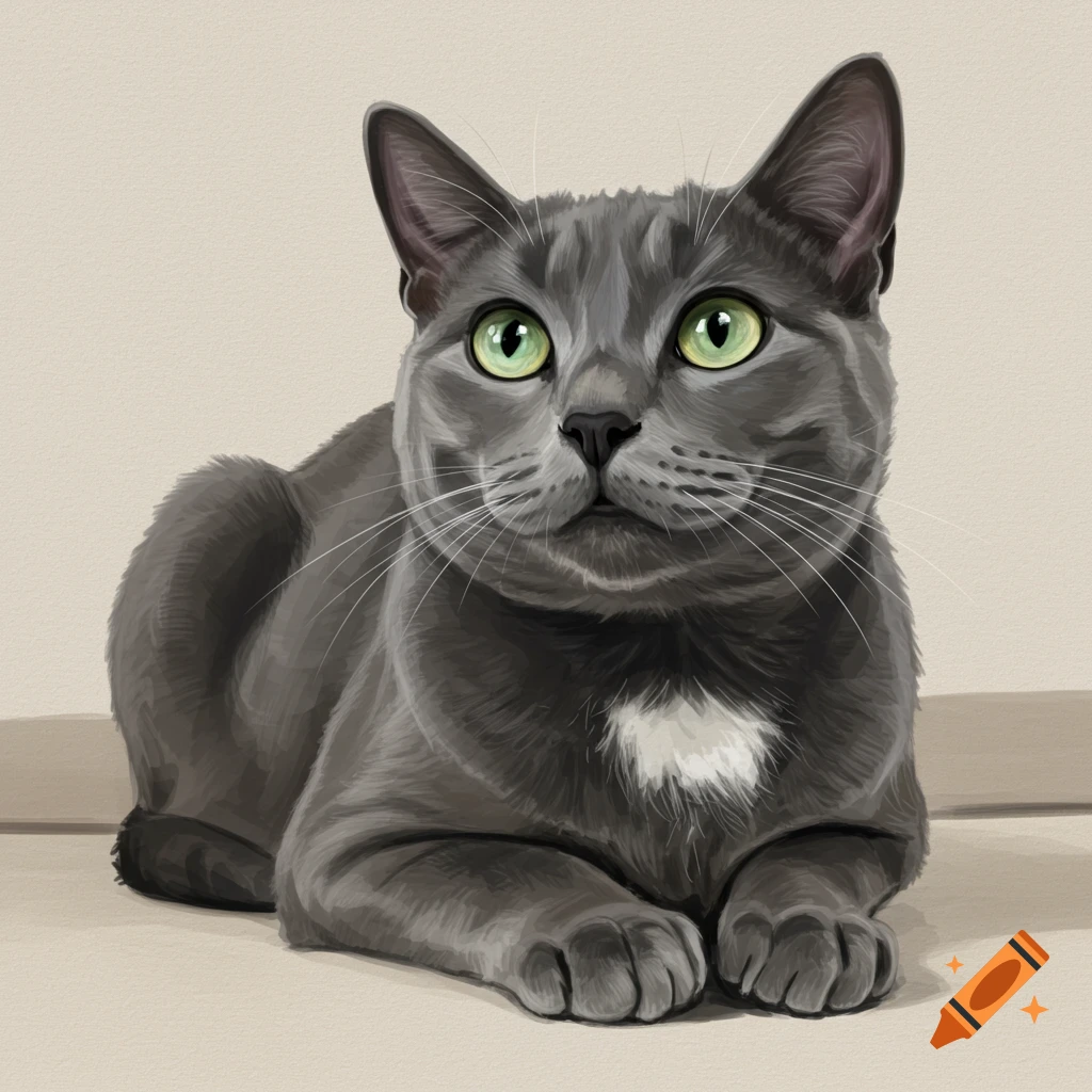 A gray cat with green eyes lying down.
