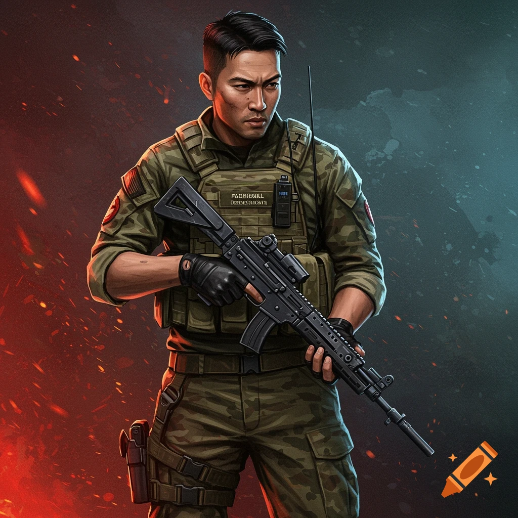 A soldier in camouflage holding a rifle against a fiery background.