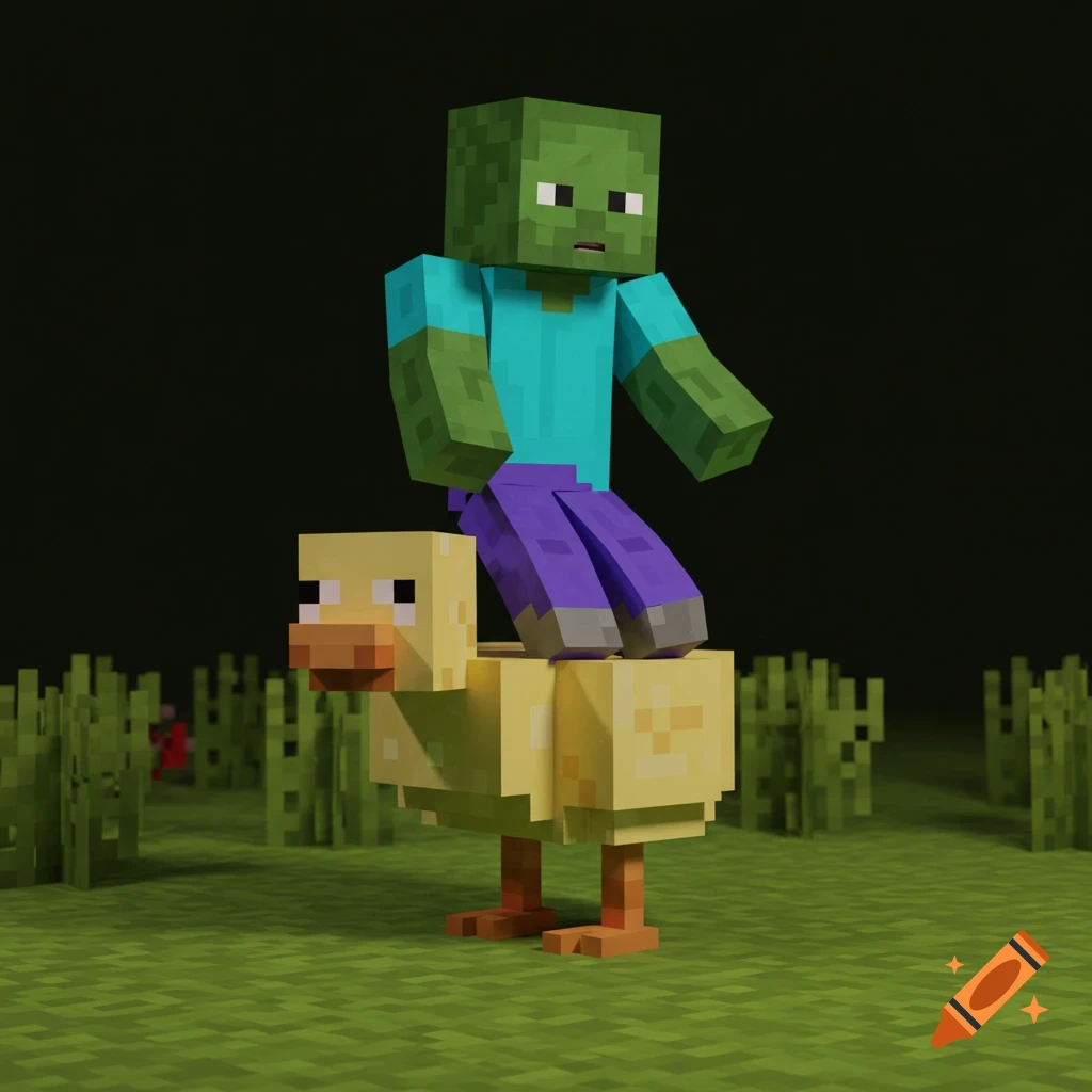 A Minecraft zombie rides on the back of a large Minecraft chicken in a grassy field.