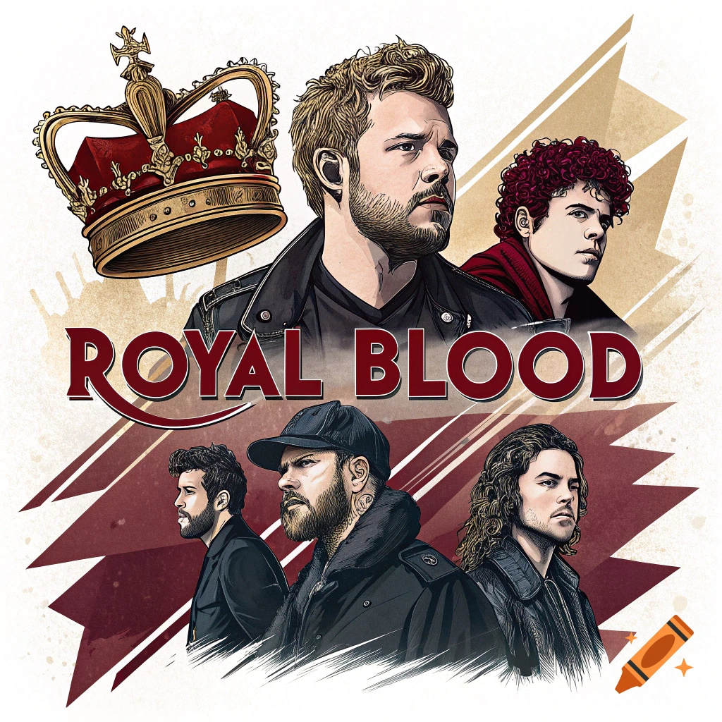 Illustrations of four men and a crown with the text ROYAL BLOOD