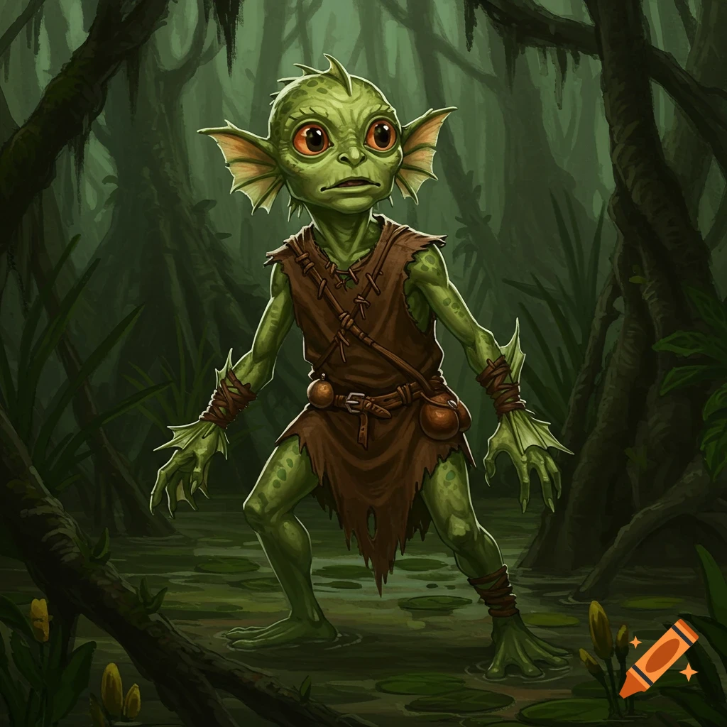 A green, frog-like fantasy creature stands in a murky swamp.
