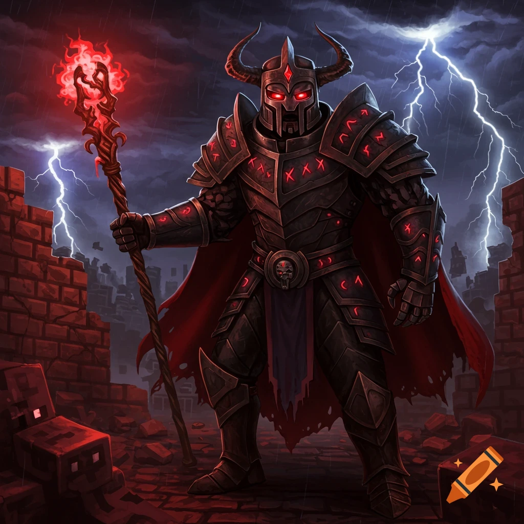 Fantasy character in dark armor with glowing eyes holds a staff in a stormy, ruined city.