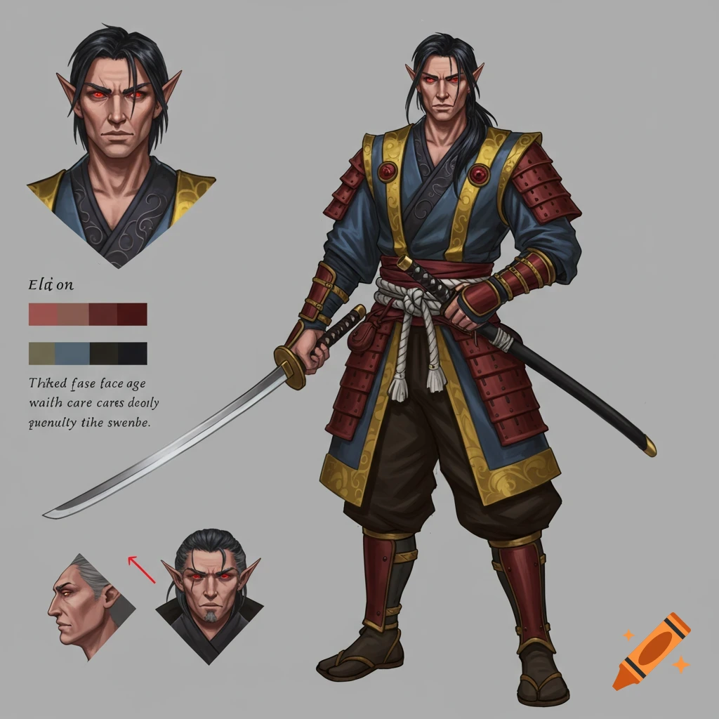 Fantasy character sheet of a male elf in samurai armor holding a katana.