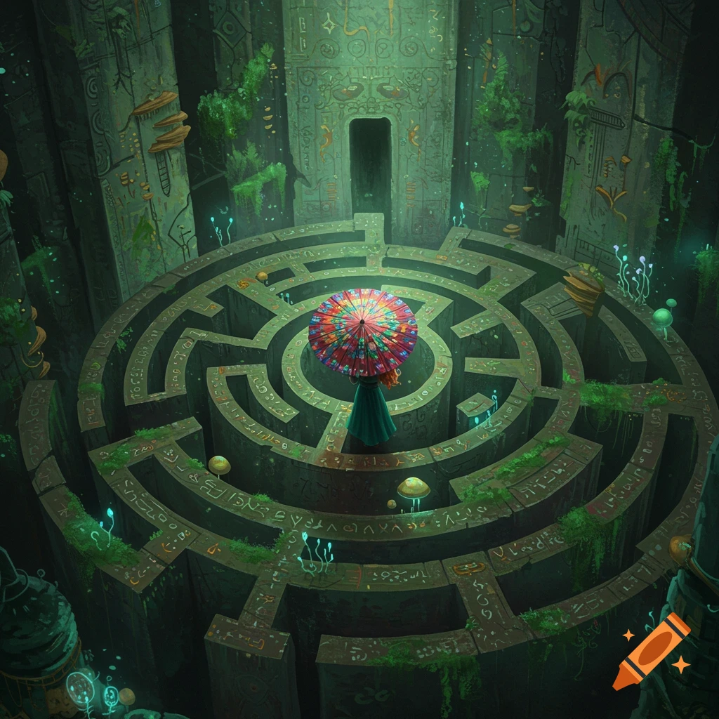 A girl with a colorful umbrella stands in the center of a dark, overgrown stone labyrinth with glowing symbols.
