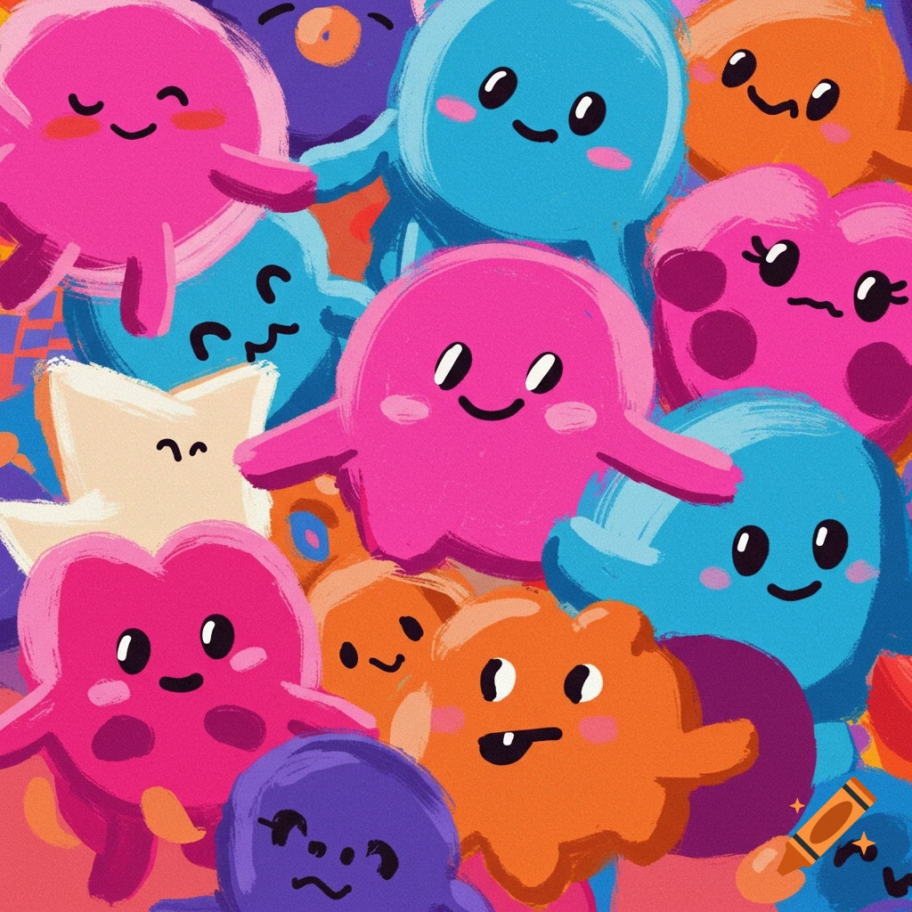 Many colorful, smiling cartoon blob creatures.