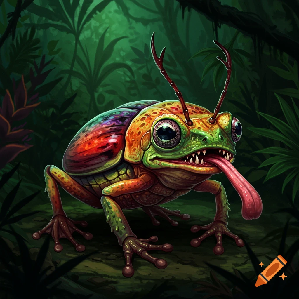 A vibrant insect frog hybrid creature with big eyes and a long tongue sits in a jungle setting.