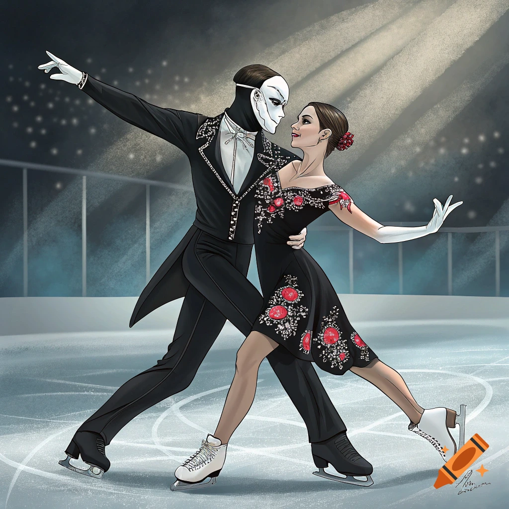 Illustration of a masked ice dancer and partner performing on the ice.