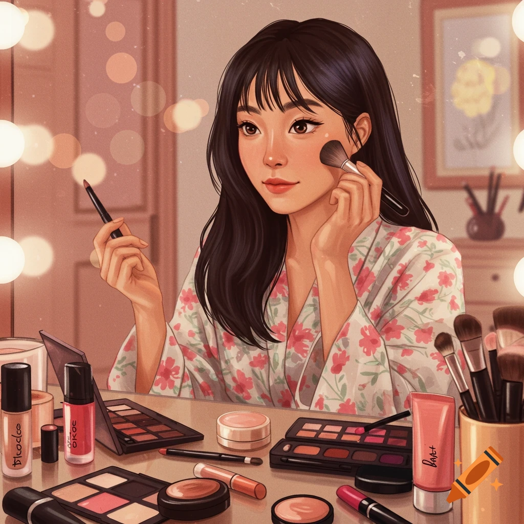Woman in a floral robe applying makeup at a vanity table with many products.
