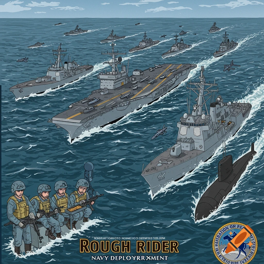 A vector art illustration of a large naval fleet including an aircraft carrier, destroyers, and a submarine, with soldiers in the foreground.